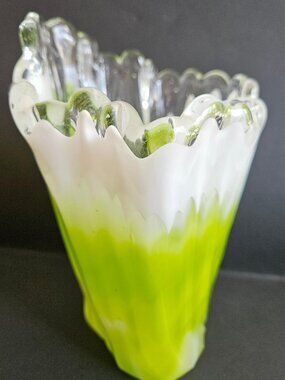 Mid-century or Murano-style hand blown glass vase, green/white swirl pattern